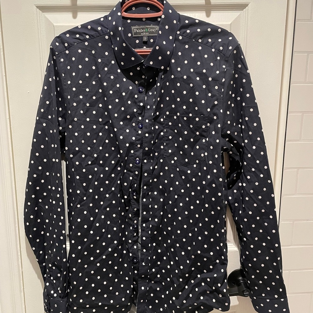 Paisley and Gray Men's Navy Blue Polka Dot Shirt